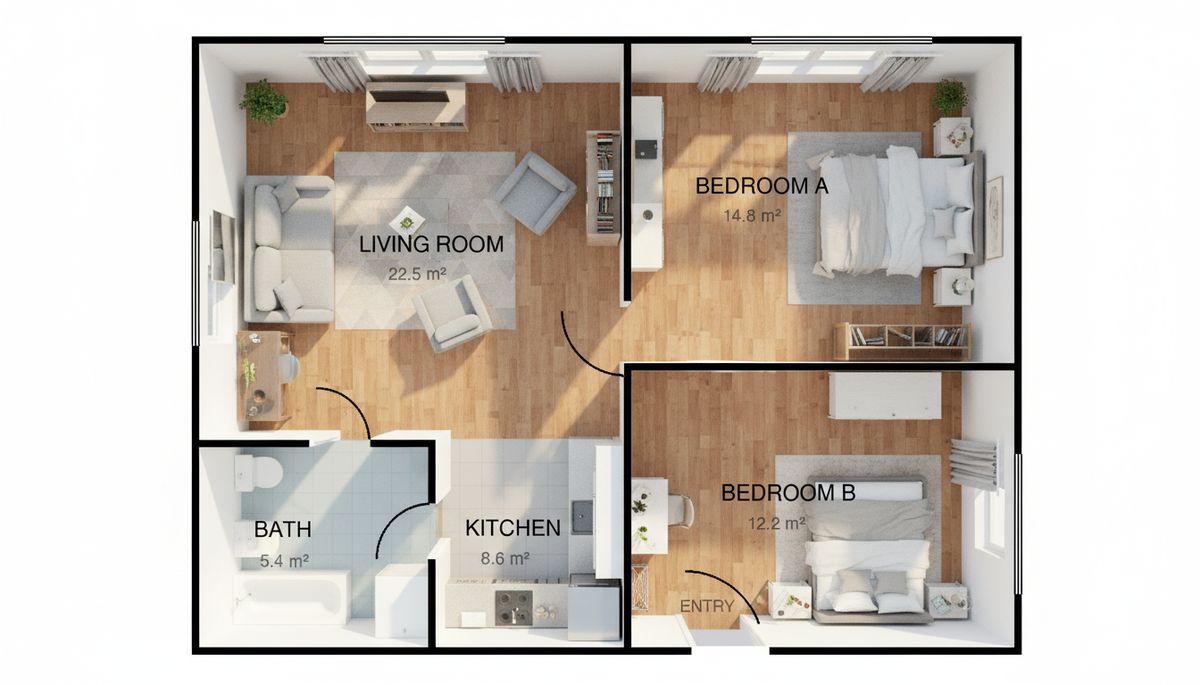 Turn a 2D floor plan into a furnished 3D render — 3D render